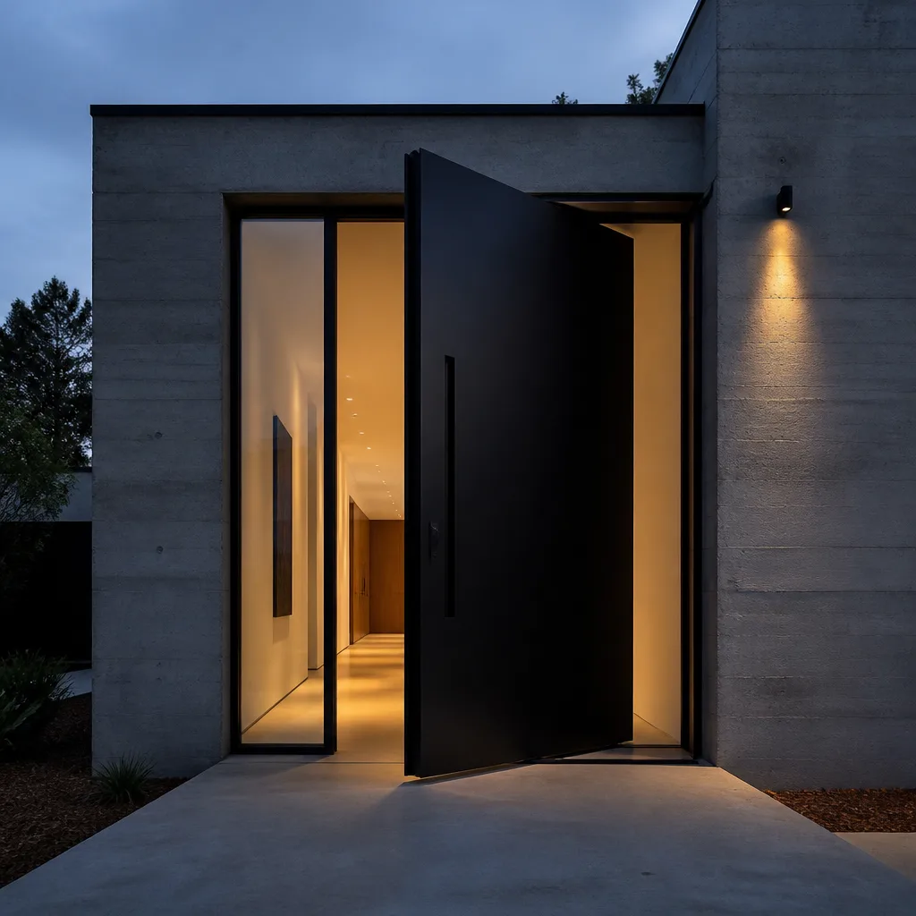 Modern oversized black pivot door installation at a contemporary concrete home