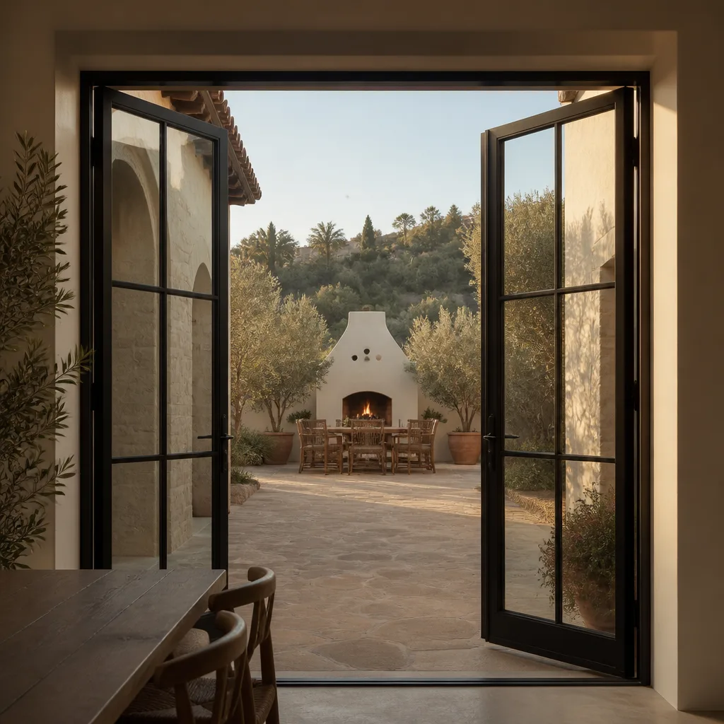 Custom black metal French doors opening to an outdoor patio with fireplace