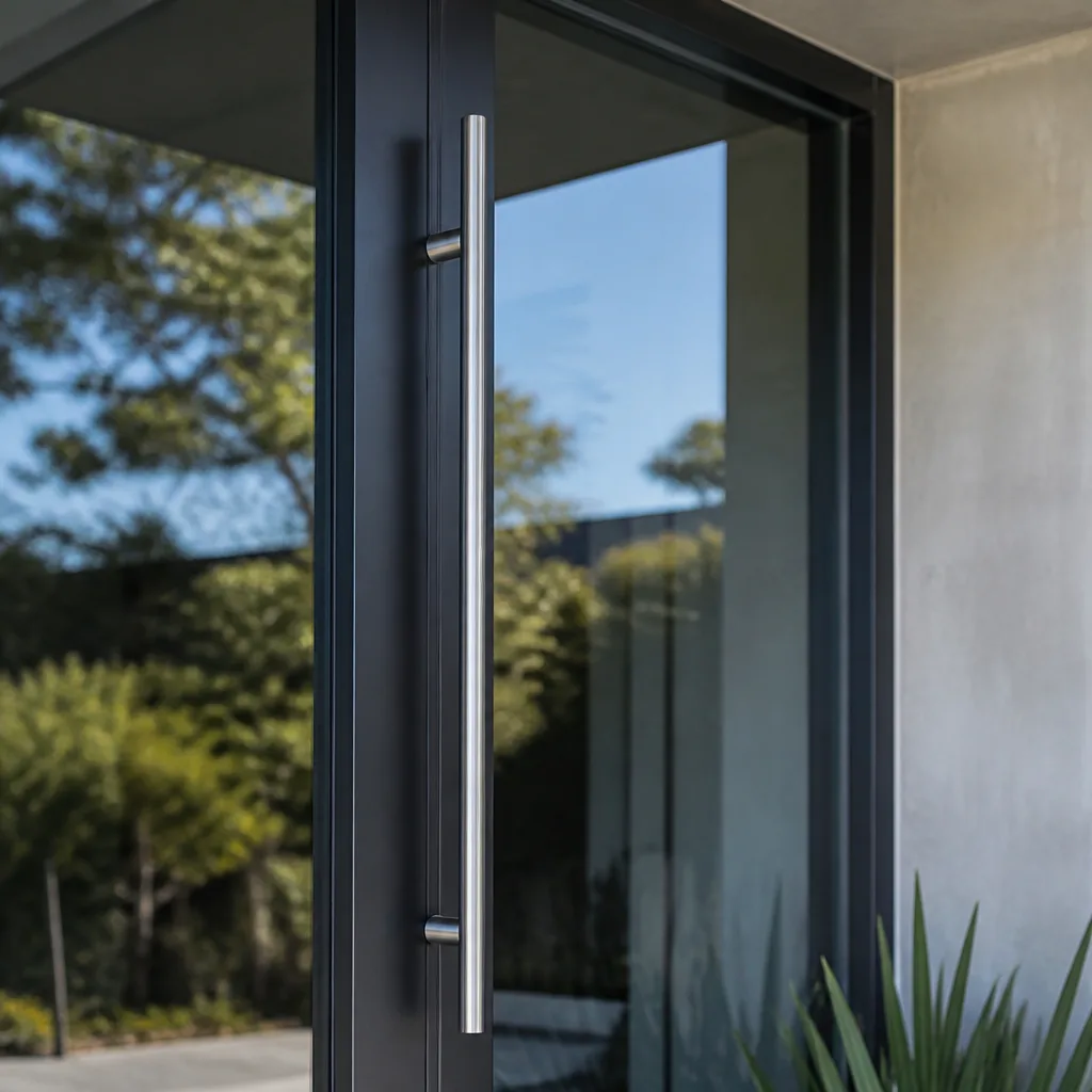 Modern glass door with professional metal handle installation.