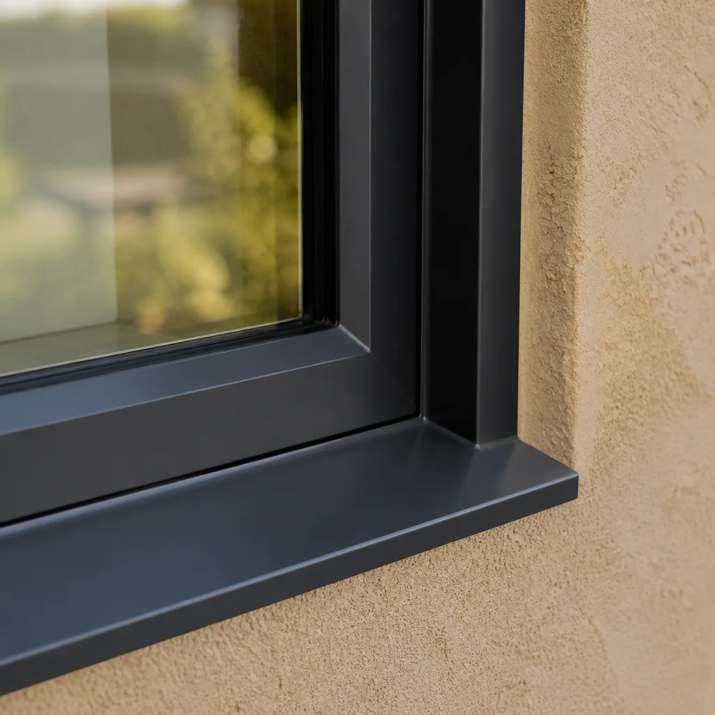 Modern black window frame installation with textured tan stucco exterior wall